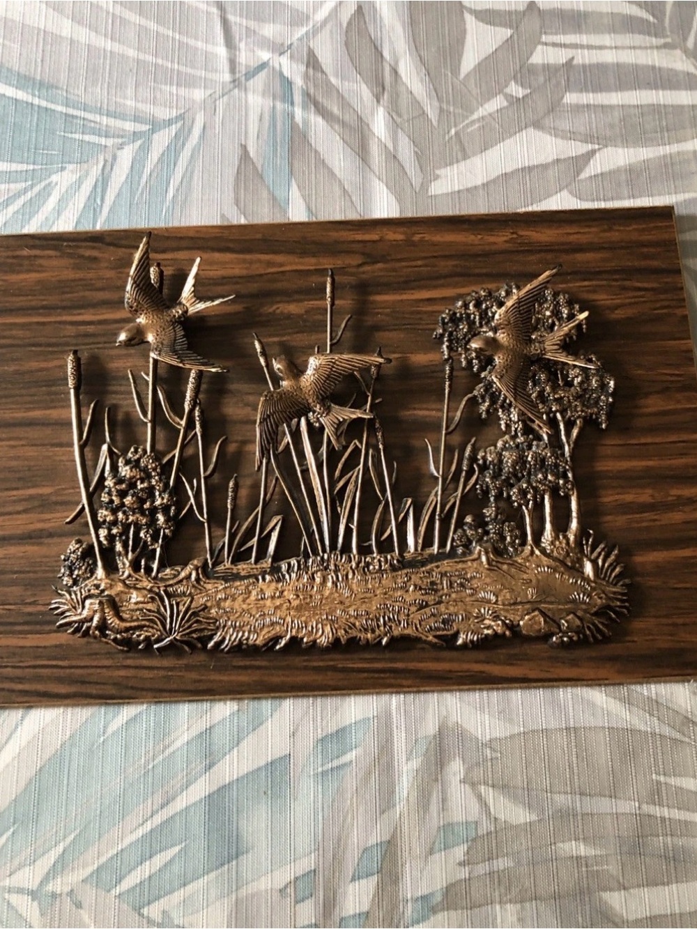 Vtg MCM Metal Bird Plaque On Wood - Made In Germany 7.5” X 11”